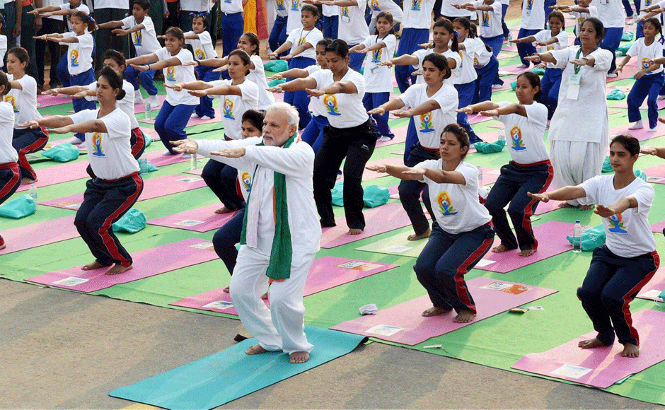 PM Modi was seen huffing and puffing alongside thousands of others who had gathered for the mega even in Delhi. Look at him conquer the chair pose like a pro. PTI PM Modi was seen huffing and puffing alongside thousands of others who had gathered for the mega even in Delhi. Look at him conquer the chair pose like a pro. PTI