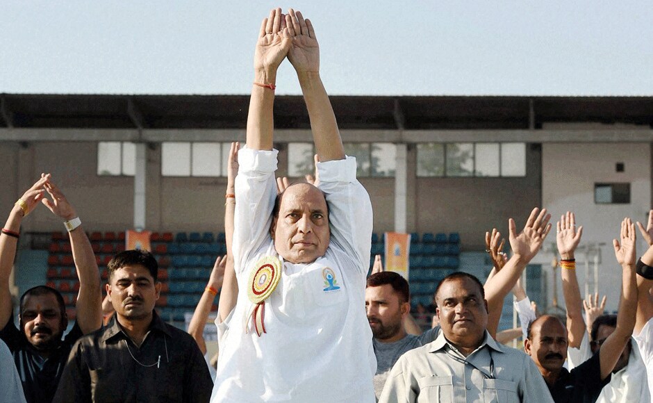 Like several other ministers, Rajnath Singh was seen stretching his muscles with some yoga during an event in Lucknow. PTI Like several other ministers, Rajnath Singh was seen stretching his muscles with some yoga during an event in Lucknow. PTI