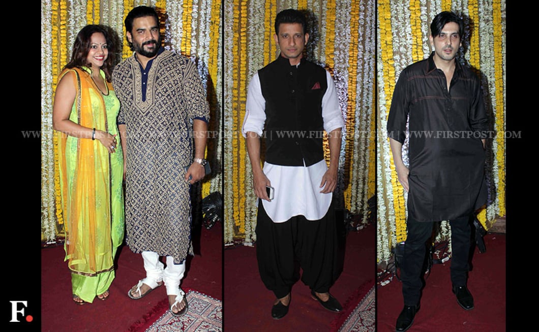 R Madhavan with his wife Sarita, Sharman Joshi and Zayed Khan arrive at Ronit Roy's residence. Sachin Gokhale / Firstpost R Madhavan with his wife Sarita, Sharman Joshi and Zayed Khan arrive at Ronit Roy's residence. Sachin Gokhale / Firstpost
