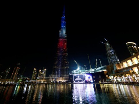 World's tallest building Burj Khalifa, Mumbai CST lit up in French tricolors World's tallest building Burj Khalifa, Mumbai CST lit up in French tricolors