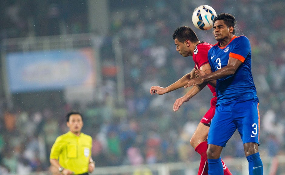 Augustine Fernandes (No 3) goes up for a long ball. India played the same squad that had defeated Maldives in the semi-final. Photo Credit: WSG Augustine Fernandes (No 3) goes up for a long ball. India played the same squad that had defeated Maldives in the semi-final. Photo Credit: WSG