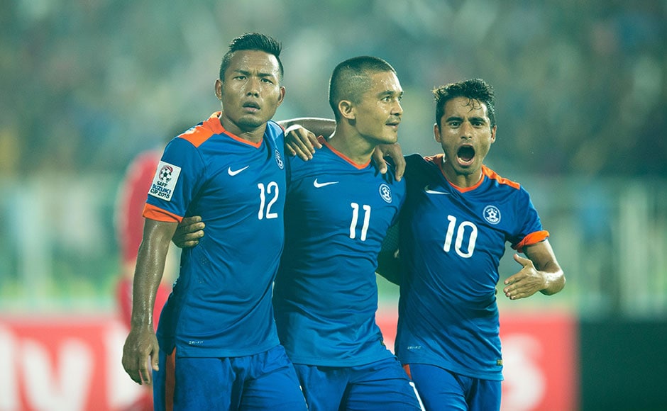 Jeje Lalpekhlua (No 12) also got on the scoresheet. Here he is, seen celebrating with Chhetri and Bikash Jairu. Photo Credit: WSG Jeje Lalpekhlua (No 12) also got on the scoresheet. Here he is, seen celebrating with Chhetri and Bikash Jairu. Photo Credit: WSG