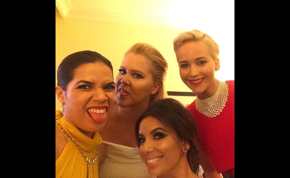 They were the epitome of poise on the Golden Globes red carpet. But together back stage, America Ferrera, Amy Schumer, Jennifer Lawrence and Eva Longoria don't hesitate making some faces. "Really good light back here in the presenters green room," Ferrera said in her post. Image courtesy: @americaferrera/Instagram They were the epitome of poise on the Golden Globes red carpet. But together back stage, America Ferrera, Amy Schumer, Jennifer Lawrence and Eva Longoria don't hesitate making some faces. "Really good light back here in the presenters green room," Ferrera said in her post. Image courtesy: @americaferrera/Instagram