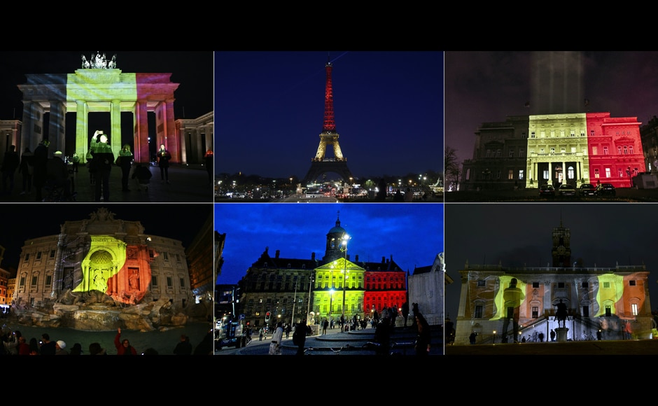 The Belgian flag being projected on various landmark monuments (from top L) the Brandenburg Gate in Berlin, the Eiffel Tower in Paris, the town council building in Belgrade, the Trevi Fountain in Rome, the Royal Palace at Dam Square in Amsterdam and Rome's Campidoglio in tribute to the victims of Brussels. AFP The Belgian flag being projected on various landmark monuments (from top L) the Brandenburg Gate in Berlin, the Eiffel Tower in Paris, the town council building in Belgrade, the Trevi Fountain in Rome, the Royal Palace at Dam Square in Amsterdam and Rome's Campidoglio in tribute to the victims of Brussels. AFP