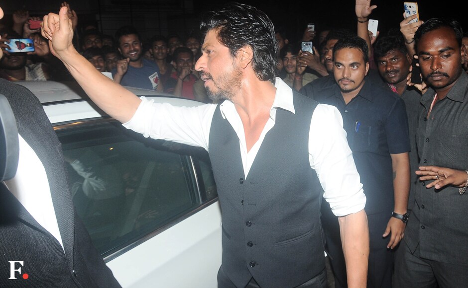 Bhansali's leading man from Devdas, Shah Rukh Khan, was the special guest at the party. SRK sent the crowds into a tizzy when he emerged from his car, obliging fans with photo-ops. Image by Sachin Gokhale/Firstpost Bhansali's leading man from Devdas, Shah Rukh Khan, was the special guest at the party. SRK sent the crowds into a tizzy when he emerged from his car, obliging fans with photo-ops. Image by Sachin Gokhale/Firstpost