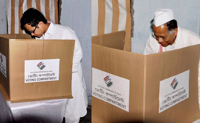 Congress MP Gaurav Gogoi and his father, Assam Chief Minister Tarun Gogoi cast their vote during the first phase at Jorhat. PTI Congress MP Gaurav Gogoi and his father, Assam Chief Minister Tarun Gogoi cast their vote during the first phase at Jorhat. PTI