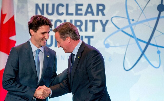 Canadian Prime Minister Justin Trudeau shakes hands with British Prime Minister David Cameron before a meeting at the Nuclear Security Summit. PTI Canadian Prime Minister Justin Trudeau shakes hands with British Prime Minister David Cameron before a meeting at the Nuclear Security Summit. PTI