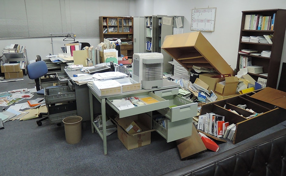 This picture shows an office following the earthquake. One aftershock measuring 5.7 struck about 40 minutes later, according to Japan's Meteorological Agency. AFP This picture shows an office following the earthquake. One aftershock measuring 5.7 struck about 40 minutes later, according to Japan's Meteorological Agency. AFP