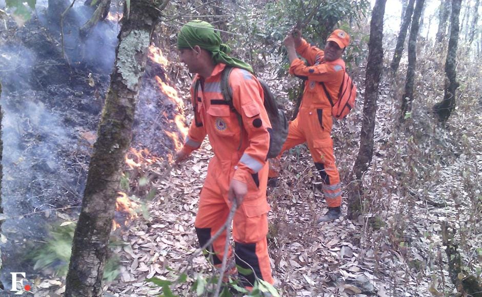 The fire has spread to 13 districts and has claimed six lives as of now. Image courtesy: NDRF The fire has spread to 13 districts and has claimed six lives as of now. Image courtesy: NDRF