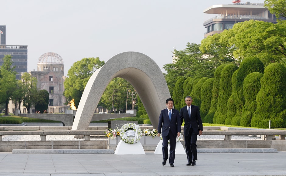 Barack Obama with Japanese Prime Minister Shinzo Abe. Technological progress without equivalent progress in human institutions can doom us. The scientific revolution that led to the splitting of the atom requires a moral revolution as well, Obama said. AP Barack Obama with Japanese Prime Minister Shinzo Abe. Technological progress without equivalent progress in human institutions can doom us. The scientific revolution that led to the splitting of the atom requires a moral revolution as well, Obama said. AP