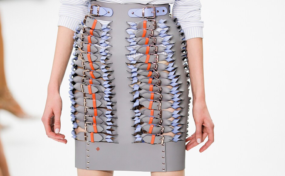 A model wears a kaleidoscope of belts. (AP Photo/Markus Schreiber) A model wears a kaleidoscope of belts. (AP Photo/Markus Schreiber)
