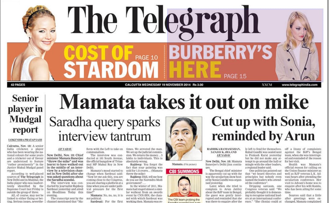On 19 November, 2014, The Telegraph reported from New Delhi that Chief Minister Mamata Banerjee On 19 November, 2014, The Telegraph reported from New Delhi that Chief Minister Mamata Banerjee