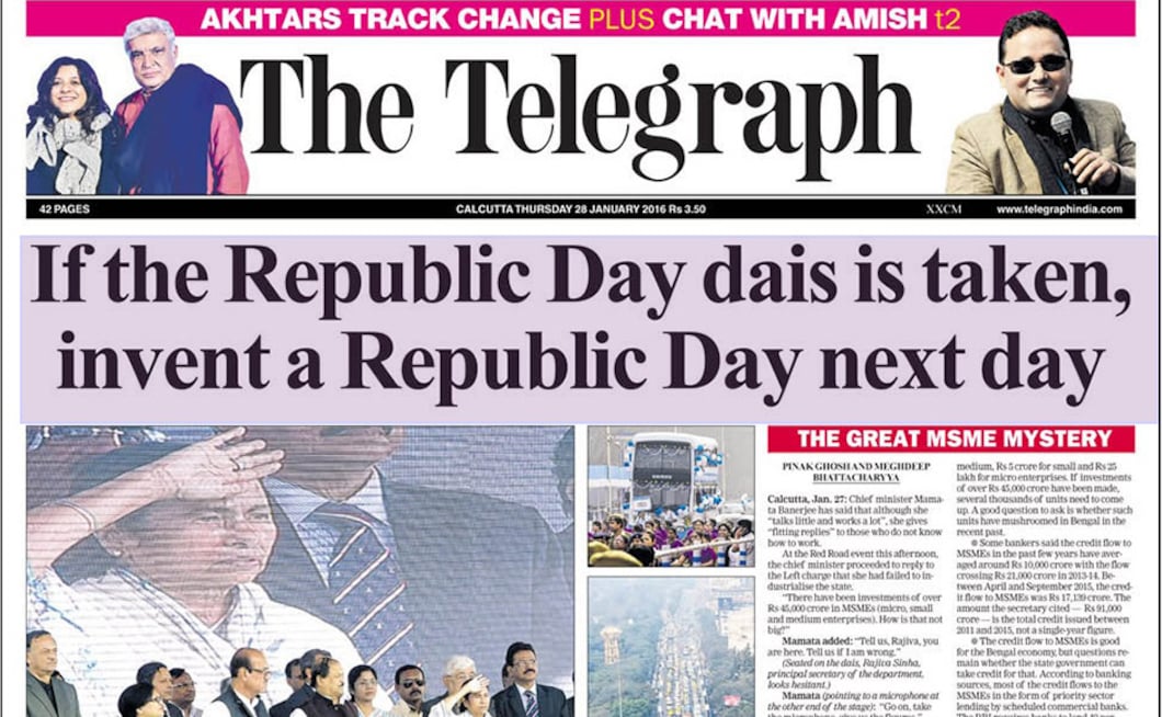 On 28 January, 2014, The Telegraph mocked the chief minister for virtually recreating the Republic Day celebrations the day after D-Day, with a long procession of autorickshaws, taxis, cycles, fire-tenders and a balloon-festooned double-decker bus. The occasion? The state government's launch of the Khadya Sathi scheme. On 28 January, 2014, The Telegraph mocked the chief minister for virtually recreating the Republic Day celebrations the day after D-Day, with a long procession of autorickshaws, taxis, cycles, fire-tenders and a balloon-festooned double-decker bus. The occasion? The state government's launch of the Khadya Sathi scheme.