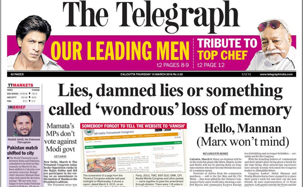 On 10 March, 2016, The Telegraph slammed the Trinamool Congress for what it suggested was hypocrisy because its MPs broke Opposition ranks in the Rajya Sabha and did not participate in the voting on an amendment to the motion of thanks to the President's address. This was in conflict with its earlier stand on the issue, said the newspaper. On 10 March, 2016, The Telegraph slammed the Trinamool Congress for what it suggested was hypocrisy because its MPs broke Opposition ranks in the Rajya Sabha and did not participate in the voting on an amendment to the motion of thanks to the President's address. This was in conflict with its earlier stand on the issue, said the newspaper.