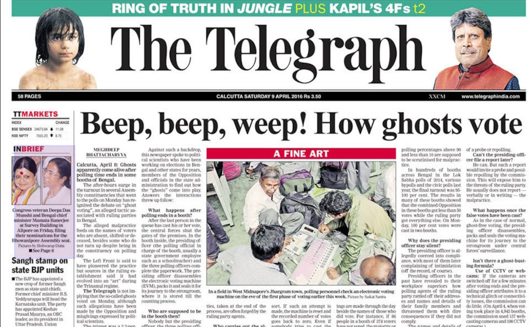 Right in the middle of West Bengal Assembly polls, on 9 April 2016, The Telegraph drew attention to 'ghost voting', an alleged tactic associated with ruling parties in Bengal. The alleged malpractice feeds on the names of voters who are absent, have moved residences or deceased, besides some who do not turn up despite being in the constituency on polling day. Right in the middle of West Bengal Assembly polls, on 9 April 2016, The Telegraph drew attention to 'ghost voting', an alleged tactic associated with ruling parties in Bengal. The alleged malpractice feeds on the names of voters who are absent, have moved residences or deceased, besides some who do not turn up despite being in the constituency on polling day.