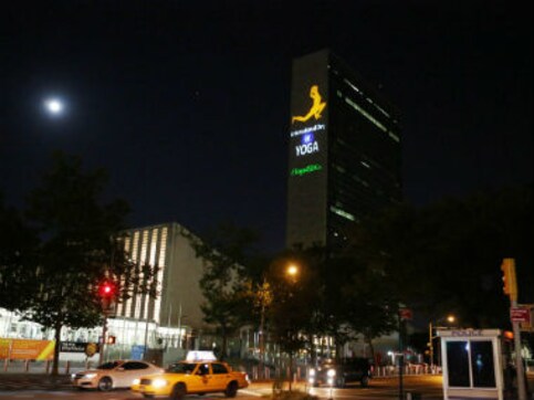 International yoga day: Image of posture projected on UN headquarters in New York International yoga day: Image of posture projected on UN headquarters in New York