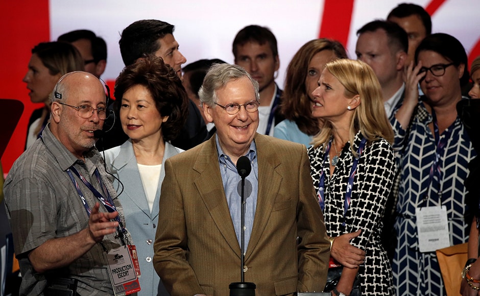 US Senate Majority Leader Mitch McConnell (R-KY) stands at the main podium as he previews the stage at the RNC. McConnell had earlier slammed Trump for accusing a judge overseeing a case against Trump University of bias. "It's time to stop attacking various people you competed with or various minority groups in the country and get on message. He has the opportunity to do that." In an interview to NBC's Meet the Press, he said that he disagreed with what Trump said about the judge's Mexican heritage. "This is a man who was born in Indiana," McConnell said. "All of us came here from somewhere else." Reuters US Senate Majority Leader Mitch McConnell (R-KY) stands at the main podium as he previews the stage at the RNC. McConnell had earlier slammed Trump for accusing a judge overseeing a case against Trump University of bias. "It's time to stop attacking various people you competed with or various minority groups in the country and get on message. He has the opportunity to do that." In an interview to NBC's Meet the Press, he said that he disagreed with what Trump said about the judge's Mexican heritage. "This is a man who was born in Indiana," McConnell said. "All of us came here from somewhere else." Reuters