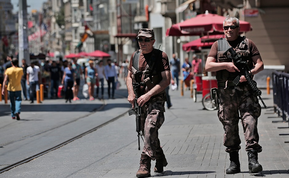 Turkish police special forces officers patrol outside the French consulate in central Istanbul's Istiklal Avenue, the main shopping road of Istanbul, Friday, July 15, 2016. Security forces continue to patrol the area around the French consulate in Istanbul on Friday, a day after an attack in the French resort town of Nice. AP Turkish police special forces officers patrol outside the French consulate in central Istanbul's Istiklal Avenue, the main shopping road of Istanbul, Friday, July 15, 2016. Security forces continue to patrol the area around the French consulate in Istanbul on Friday, a day after an attack in the French resort town of Nice. AP