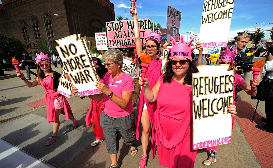 Code Pink activists march down Euclid Avenue during a demonstration against the RNC in Cleveland. This is not the first time the activists have demonstrated against Trump. In June, Code Pink protesters crashed his campaign rally in Washington before police made them leave the venue. Trump shrugged off the incident, saying, "A little freedom of speech...very rude, but what are you gonna do?" Reuters Code Pink activists march down Euclid Avenue during a demonstration against the RNC in Cleveland. This is not the first time the activists have demonstrated against Trump. In June, Code Pink protesters crashed his campaign rally in Washington before police made them leave the venue. Trump shrugged off the incident, saying, "A little freedom of speech...very rude, but what are you gonna do?" Reuters