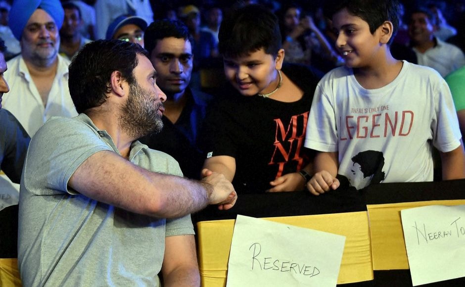 Congress Vice Pesident Rahul Gandhi greets his young fans at the WBO Asia Pacific Middleweight Championship at Thyagaraj Sports Complex in New Delhi on Saturday. PTI Congress Vice Pesident Rahul Gandhi greets his young fans at the WBO Asia Pacific Middleweight Championship at Thyagaraj Sports Complex in New Delhi on Saturday. PTI