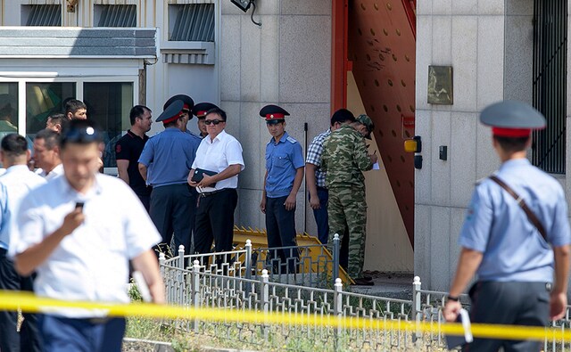 A suspected suicide bomber on Tuesday crashed a car through the entrance of the Chinese Embassy in the Kyrgyzstan capital of Bishkek, detonating a bomb that killed the attacker and wounded three embassy employees. AP A suspected suicide bomber on Tuesday crashed a car through the entrance of the Chinese Embassy in the Kyrgyzstan capital of Bishkek, detonating a bomb that killed the attacker and wounded three embassy employees. AP