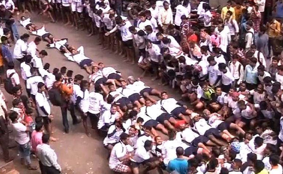 On Thursday, despite a Supreme Court order on height restrictions, several organisations in Mumbai, Thane and Navi Mumbai celebrated the dahi-handi ritual on Janmashtami with protests, black bands and black flags. Sanjay Sawant On Thursday, despite a Supreme Court order on height restrictions, several organisations in Mumbai, Thane and Navi Mumbai celebrated the dahi-handi ritual on Janmashtami with protests, black bands and black flags. Sanjay Sawant