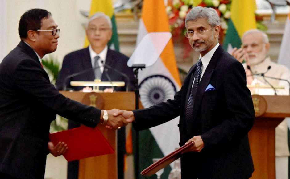 India's Foreign Secretary S Jaishankar (Left) exchanges documents after signing an agreement with Myanmar government official at Hyderabad house in presence of the two leaders. PTI India's Foreign Secretary S Jaishankar (Left) exchanges documents after signing an agreement with Myanmar government official at Hyderabad house in presence of the two leaders. PTI