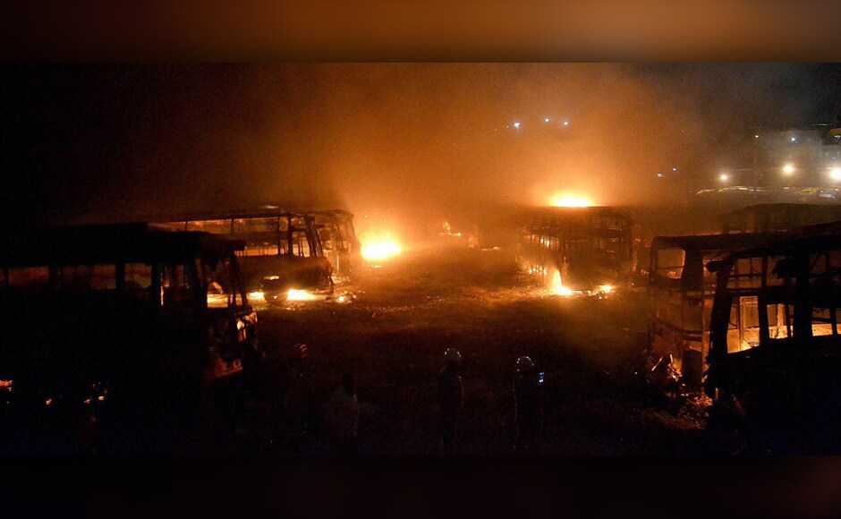 Widespread violence erupted on Monday in Bengaluru and some other parts of Karnataka, while sporadic trouble was witnessed in Tamil Nadu following SC's modified order on sharing Cauvery water by the two riparian states. A fleet of Tamil Nadu-bound buses were set ablaze after by pro-Kannada activists during the protest in Bengaluru on Monday. PTI Widespread violence erupted on Monday in Bengaluru and some other parts of Karnataka, while sporadic trouble was witnessed in Tamil Nadu following SC's modified order on sharing Cauvery water by the two riparian states. A fleet of Tamil Nadu-bound buses were set ablaze after by pro-Kannada activists during the protest in Bengaluru on Monday. PTI