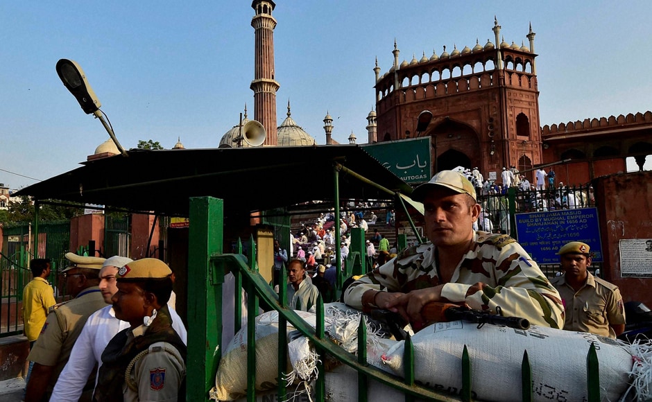 Eid commemorates this extraordinary display of faith in Allah and Muslims celebrate it by sacrificing animals on this day. Security men stand guard outside Delhi's Jama Masjid during Eid prayers on Tuesday. (Photo: PTI) Eid commemorates this extraordinary display of faith in Allah and Muslims celebrate it by sacrificing animals on this day. Security men stand guard outside Delhi's Jama Masjid during Eid prayers on Tuesday. (Photo: PTI)
