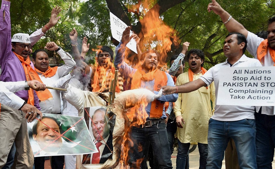 Pakistan refuted as "unfounded and premature" India's charge that it was behind the attack. Activists of Hindu Sena burnt the effigy of Pakistan's PM Nawaz Sharif during the protest. Photo: PTI Pakistan refuted as "unfounded and premature" India's charge that it was behind the attack. Activists of Hindu Sena burnt the effigy of Pakistan's PM Nawaz Sharif during the protest. Photo: PTI