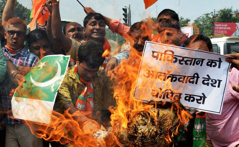 Union minister Rajnath Singh said that "Pakistan is a terrorist state and it should be identified and isolated as such." BJP activists protested against the terror attack and burnt the country's flags. Union minister Rajnath Singh said that "Pakistan is a terrorist state and it should be identified and isolated as such." BJP activists protested against the terror attack and burnt the country's flags.