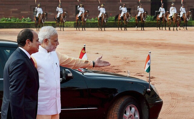 Egyptian President Abdel Fattah al-Sisi arrived in New Delhi on a three-day visit on 1 September and met Prime Minister Narendra Modi on the second day of his trip. He was also accorded a ceremonial welcome at Rashtrapati Bhavan in New Delhi. Photo: PTI Egyptian President Abdel Fattah al-Sisi arrived in New Delhi on a three-day visit on 1 September and met Prime Minister Narendra Modi on the second day of his trip. He was also accorded a ceremonial welcome at Rashtrapati Bhavan in New Delhi. Photo: PTI