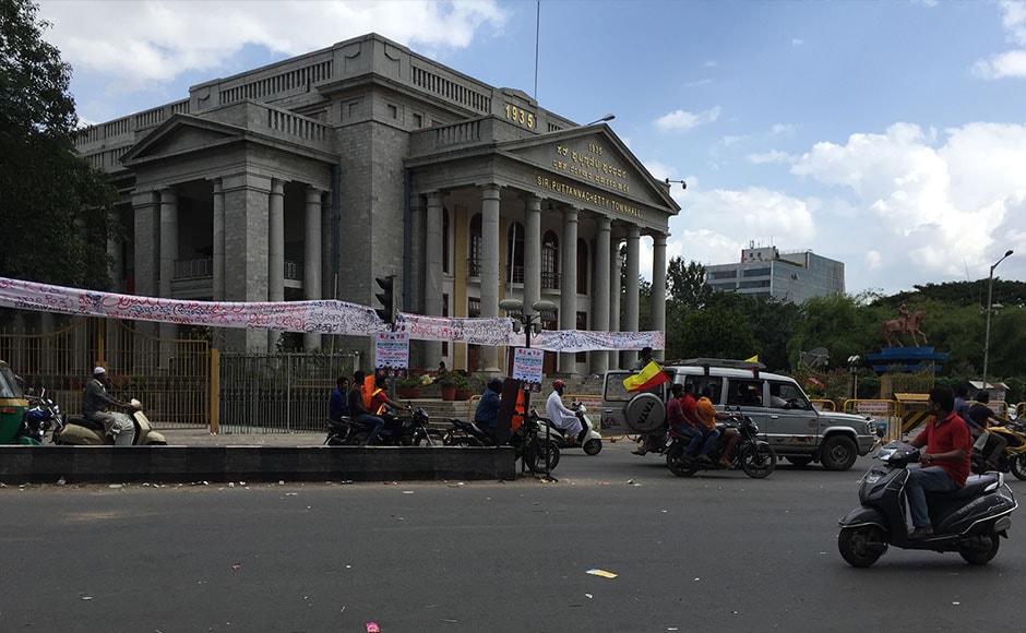 Bengaluru Town hall was also relatively deserted with occassional spurts of protests against the government's decission to comply with the Supreme Court order and release water of the Cauvery river. Firstpost / Janaki Murali Bengaluru Town hall was also relatively deserted with occassional spurts of protests against the government's decission to comply with the Supreme Court order and release water of the Cauvery river. Firstpost / Janaki Murali