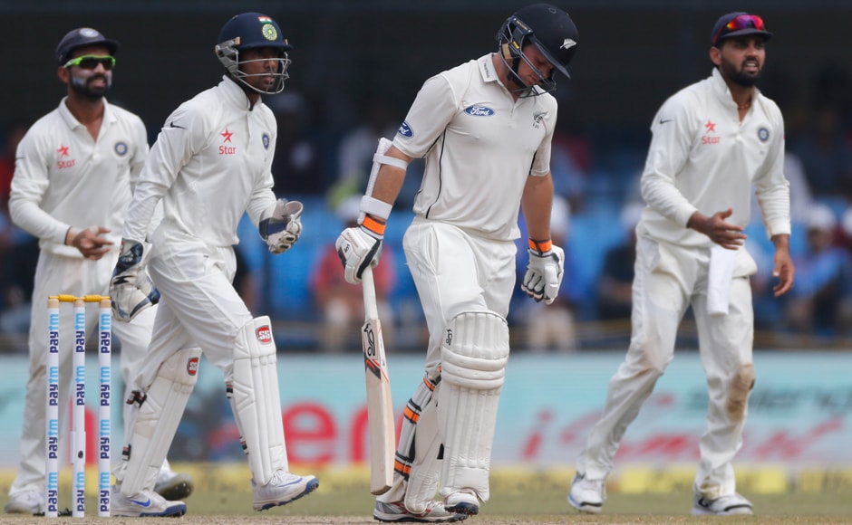 New Zealand's Tom Latham reacts after getting dismissed on 53 by Ravichandran Ashwin. AP New Zealand's Tom Latham reacts after getting dismissed on 53 by Ravichandran Ashwin. AP