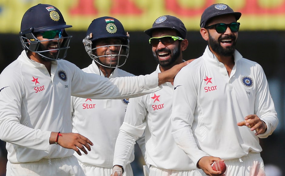 Virat Kohli and co celebrate the wicket of New Zealand's Mitchell Santner. AP Virat Kohli and co celebrate the wicket of New Zealand's Mitchell Santner. AP