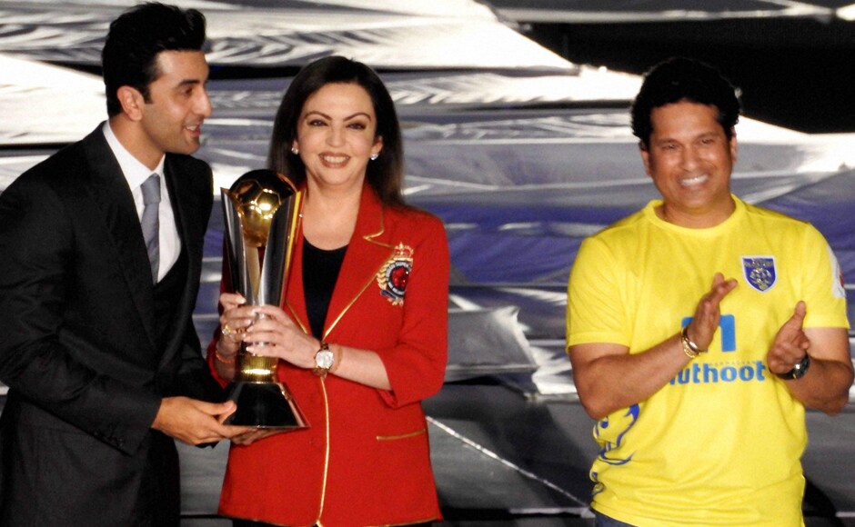 Mumbai City FC co-owner, Ranbir Kapoor, Nita Ambani, Founder and Kerala Blasters FC co-owner Sachin Tendulkar during the opening ceremony. PTI Mumbai City FC co-owner, Ranbir Kapoor, Nita Ambani, Founder and Kerala Blasters FC co-owner Sachin Tendulkar during the opening ceremony. PTI