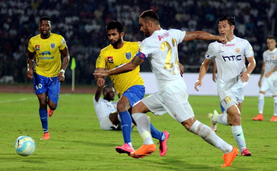 Northeast United FC and Kerala Blasters FC in action during the opening match of the 3rd season of Indian Super League. PTI Northeast United FC and Kerala Blasters FC in action during the opening match of the 3rd season of Indian Super League. PTI