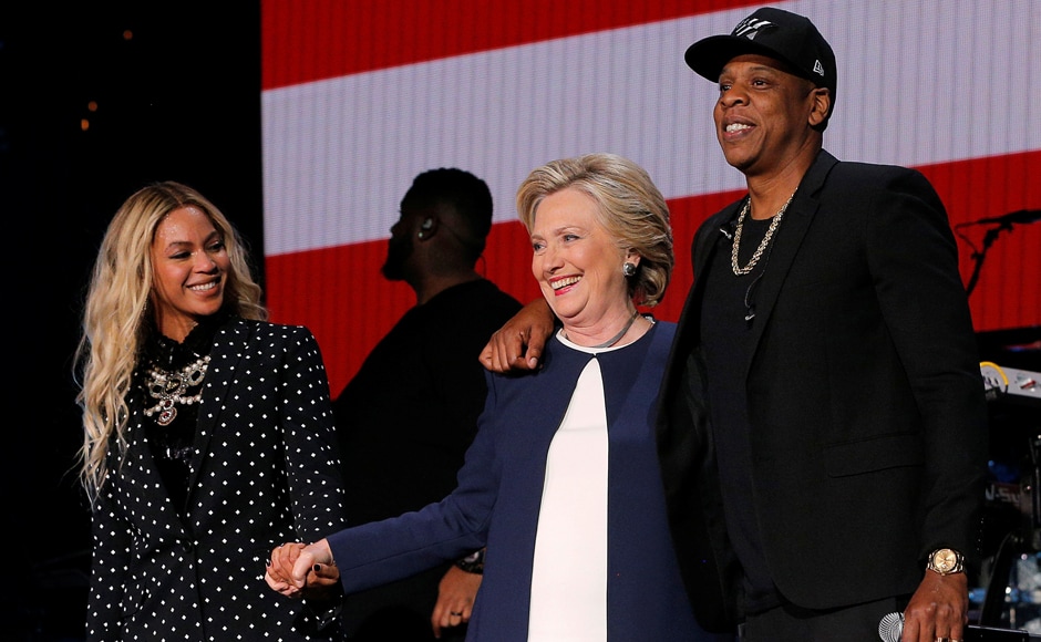 Hillary Clinton joins Jay Z and Beyonce onstage at the campaign concert in Cleveland, Ohio. Reuters Hillary Clinton joins Jay Z and Beyonce onstage at the campaign concert in Cleveland, Ohio. Reuters