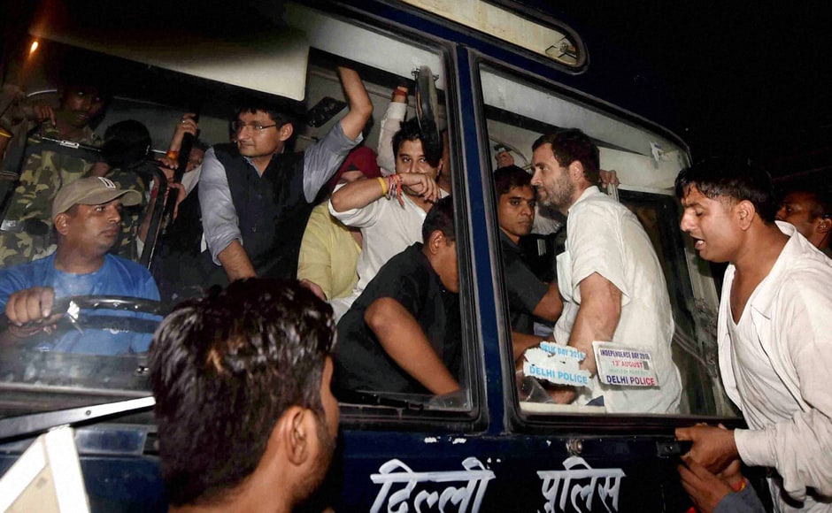 Congress vice-president Rahul Gandhi along with party leaders Jyotiraditya Scindia and Deepender Hooda being carried in a police bus from Parliament Street Police Station in New Delhi on Wednesday. Gandhi was earlier detained after he tried to meet family members of a retired army soldier Ram Kishan Grewal who allegedly committed suicide over One Rank, One Pension scheme. (Photo: PTI) Congress vice-president Rahul Gandhi along with party leaders Jyotiraditya Scindia and Deepender Hooda being carried in a police bus from Parliament Street Police Station in New Delhi on Wednesday. Gandhi was earlier detained after he tried to meet family members of a retired army soldier Ram Kishan Grewal who allegedly committed suicide over One Rank, One Pension scheme. (Photo: PTI)