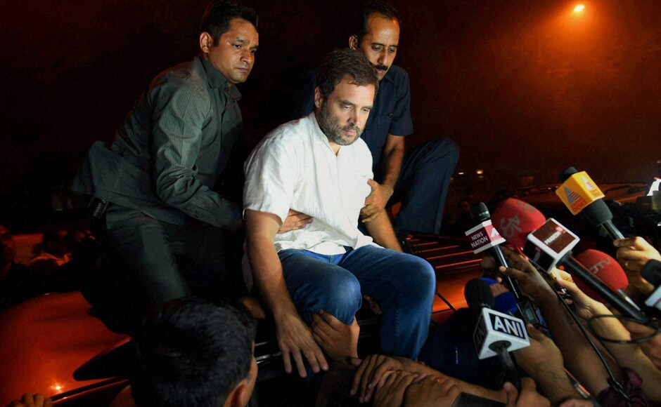Gandhi, who was held at the Tilak Nagar police station, reportedly lost his temper with the police officer calling soldier's family's detention "shameful" and symbolic of "undemocratic" mentality of the Modi government. The police, however, claimed that Grewal's family was detained because it was creating a ruckus, the report said. (Photo: PTI) Gandhi, who was held at the Tilak Nagar police station, reportedly lost his temper with the police officer calling soldier's family's detention "shameful" and symbolic of "undemocratic" mentality of the Modi government. The police, however, claimed that Grewal's family was detained because it was creating a ruckus, the report said. (Photo: PTI)