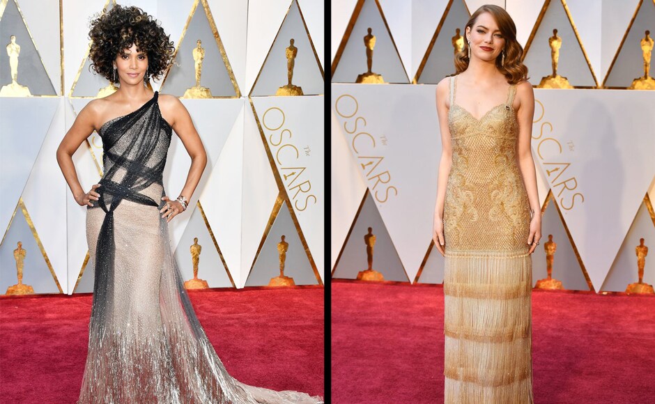 Halle Berry (Left) wore a huge head of tousled curls (she usually rocks a pixie) to go with her slinky, one-shoulder dress. It was Versace Atelier beaded sheer, fresh from the runway & Emma Stone in a fringed dress that appeared part goddess, part flapper. OscarsGo Halle Berry (Left) wore a huge head of tousled curls (she usually rocks a pixie) to go with her slinky, one-shoulder dress. It was Versace Atelier beaded sheer, fresh from the runway & Emma Stone in a fringed dress that appeared part goddess, part flapper. OscarsGo