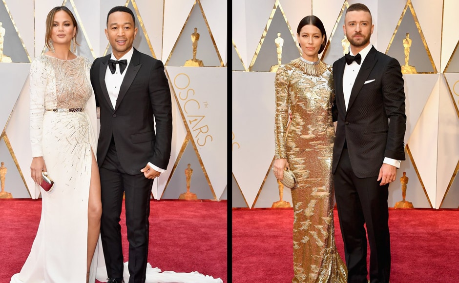 Chrissy Teigen with husband John Legend (left) on the carpet dressed in white Zuhair Murad Couture with gold embroidery and a dramatic cape. Legend wore Gucci. Justin Timberlake with Jessica Biel (right) in a Tom Ford tux and Jessica in a slinky KaufmanFranco textured gown with a statement gold-and-silver collar adornment that lent the appearance of metallic fringe. OscarsGo Chrissy Teigen with husband John Legend (left) on the carpet dressed in white Zuhair Murad Couture with gold embroidery and a dramatic cape. Legend wore Gucci. Justin Timberlake with Jessica Biel (right) in a Tom Ford tux and Jessica in a slinky KaufmanFranco textured gown with a statement gold-and-silver collar adornment that lent the appearance of metallic fringe. OscarsGo