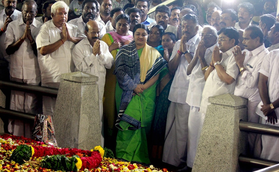 Deepa Jayakumar, niece of late chief minister Jayalalithaa, paid rich tributes at the Jayalalithaa memorial at Marina Beach. She was accompanied by caretaker chief minister O Panneerselvam and his supporters. PTI Deepa Jayakumar, niece of late chief minister Jayalalithaa, paid rich tributes at the Jayalalithaa memorial at Marina Beach. She was accompanied by caretaker chief minister O Panneerselvam and his supporters. PTI