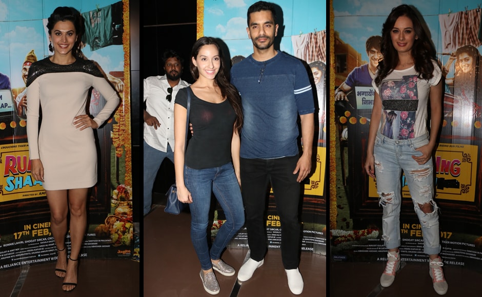 The team of Running Shaadi hosted a special screening of the film in Mumbai on Wednesday evening, 15 February. The film's leading lady Tapsee Pannu is seen here with Nora Fatehi and Angad Bedi, followed by Evelyn Sharma. The team of Running Shaadi hosted a special screening of the film in Mumbai on Wednesday evening, 15 February. The film's leading lady Tapsee Pannu is seen here with Nora Fatehi and Angad Bedi, followed by Evelyn Sharma.