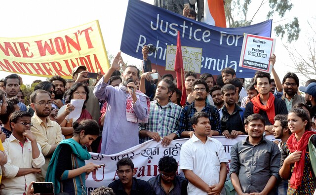 Yogendra Yadav addresses students of JNU during their protest march against ABVP at North Campus in New Delhi on Tuesday. PTI Yogendra Yadav addresses students of JNU during their protest march against ABVP at North Campus in New Delhi on Tuesday. PTI