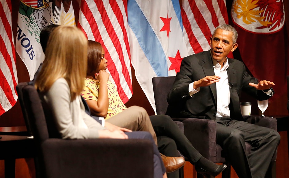 It's the former president's first public event of his post-presidential life in the place where he started his political career. Obama advised young people on leadership, managing social media and even marriage. AP It's the former president's first public event of his post-presidential life in the place where he started his political career. Obama advised young people on leadership, managing social media and even marriage. AP