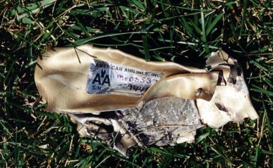 Wreckage from American Airlines Flight 77, which crashed into the Pentagon on 11 September, 2001. This photo was labelled "Pentagon debris" by the FBI. Photo courtesy: FBI Wreckage from American Airlines Flight 77, which crashed into the Pentagon on 11 September, 2001. This photo was labelled "Pentagon debris" by the FBI. Photo courtesy: FBI