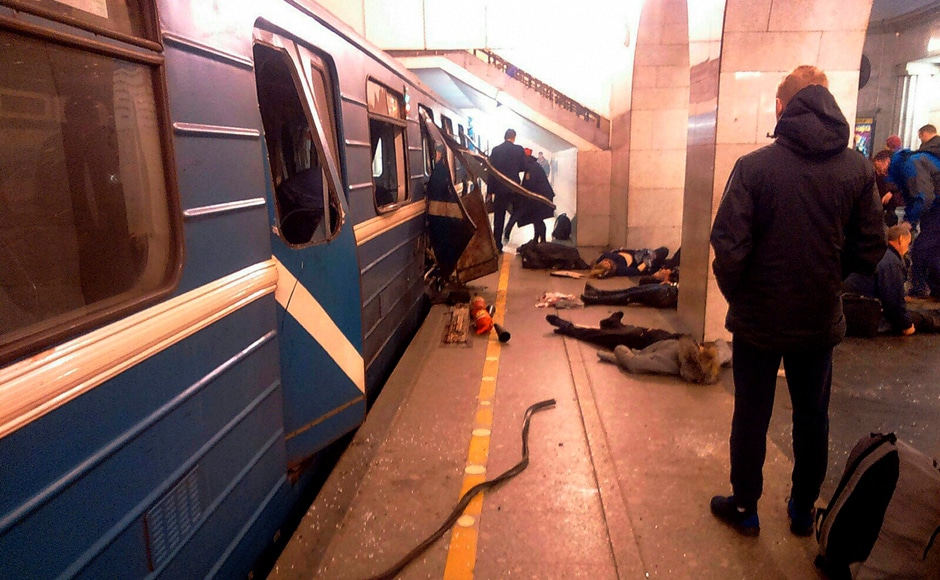 Blast victims lie near a subway train hit by an explosion at the Tekhnologichesky Institut subway station in St Petersburg, Russia on 3 April. AP Blast victims lie near a subway train hit by an explosion at the Tekhnologichesky Institut subway station in St Petersburg, Russia on 3 April. AP