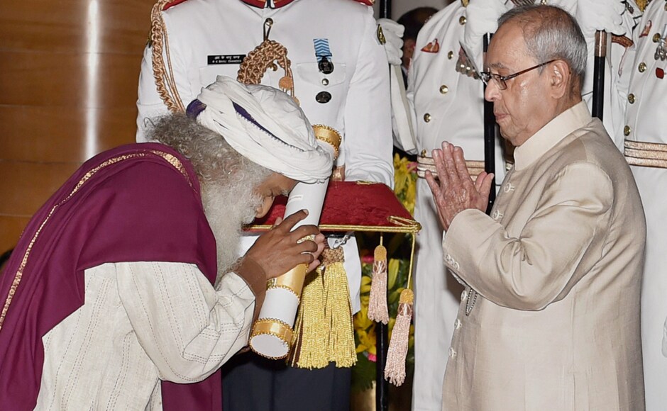 President Pranab Mukherjee confers Padma Vibhushan on Sadhguru Jagadish Vasudev during Padma Awards 2017 function at Rashtrapati Bhavan in New Delhi on Thursday. PTI President Pranab Mukherjee confers Padma Vibhushan on Sadhguru Jagadish Vasudev during Padma Awards 2017 function at Rashtrapati Bhavan in New Delhi on Thursday. PTI