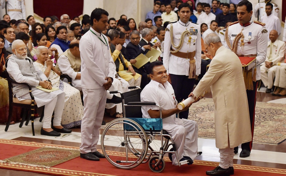 President Pranab Mukherjee confers Padma Shri on Genabhai Darghabhai Patel during Padma Awards 2017 function at Rashtrapati Bhavan in New Delhi on Thursday. PTI President Pranab Mukherjee confers Padma Shri on Genabhai Darghabhai Patel during Padma Awards 2017 function at Rashtrapati Bhavan in New Delhi on Thursday. PTI